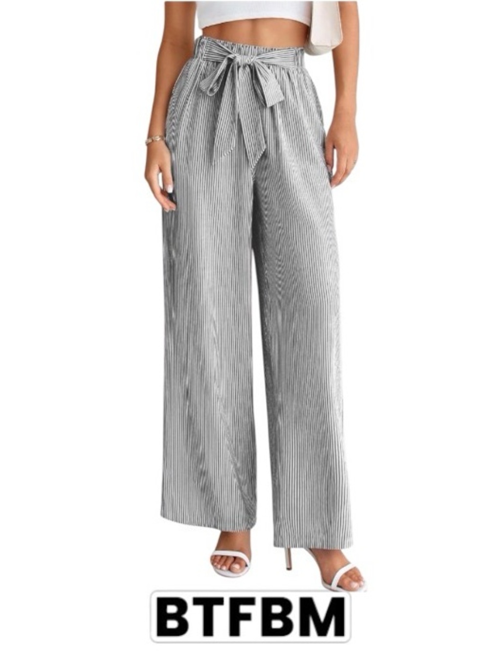 XXL Striped High Waist Wide Leg Trousers with Tie-Waist from BTFBM; NWT